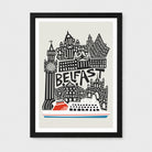 A framed art print featuring a stylized black and white illustration of the Belfast skyline with the word 'BELFAST' in the center and a red-and-white cruise ship at the bottom. The print is shown in a black frame with a white mat against a light gray background.
