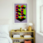 Geometric abstract art print on a wall above a shelf with books and decor.