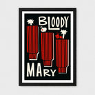 A framed graphic art print featuring three red striped cocktail glasses with the words 'BLOODY MARY' in bold cream lettering on a black background, shown against a light gray wall.