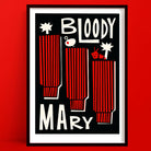 A bold, graphic illustration of three Bloody Mary glasses with vertical red stripes, each topped with cocktail garnishes including an olive, celery, and a cherry tomato.

