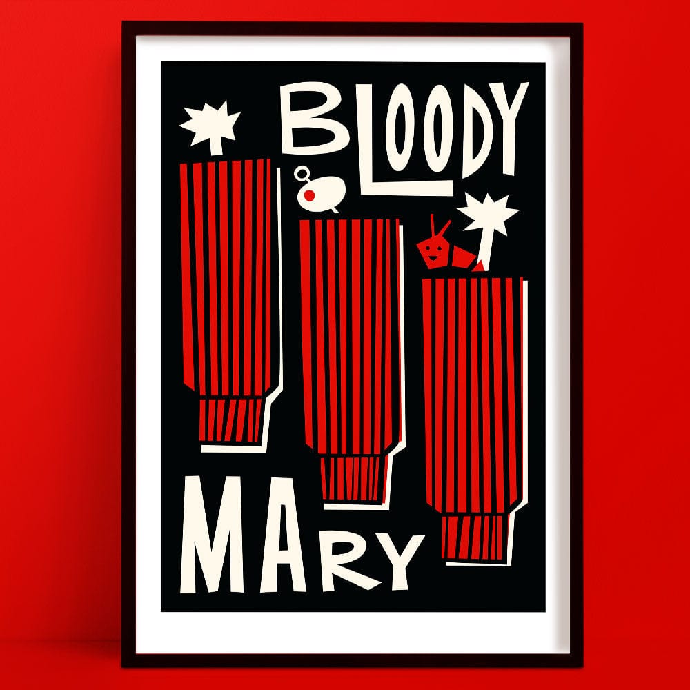 A Bloody Mary print featuring a bold, graphic illustration of three Bloody Mary glasses with vertical red stripes, each topped with cocktail garnishes including an olive, celery, and a cherry tomato.
