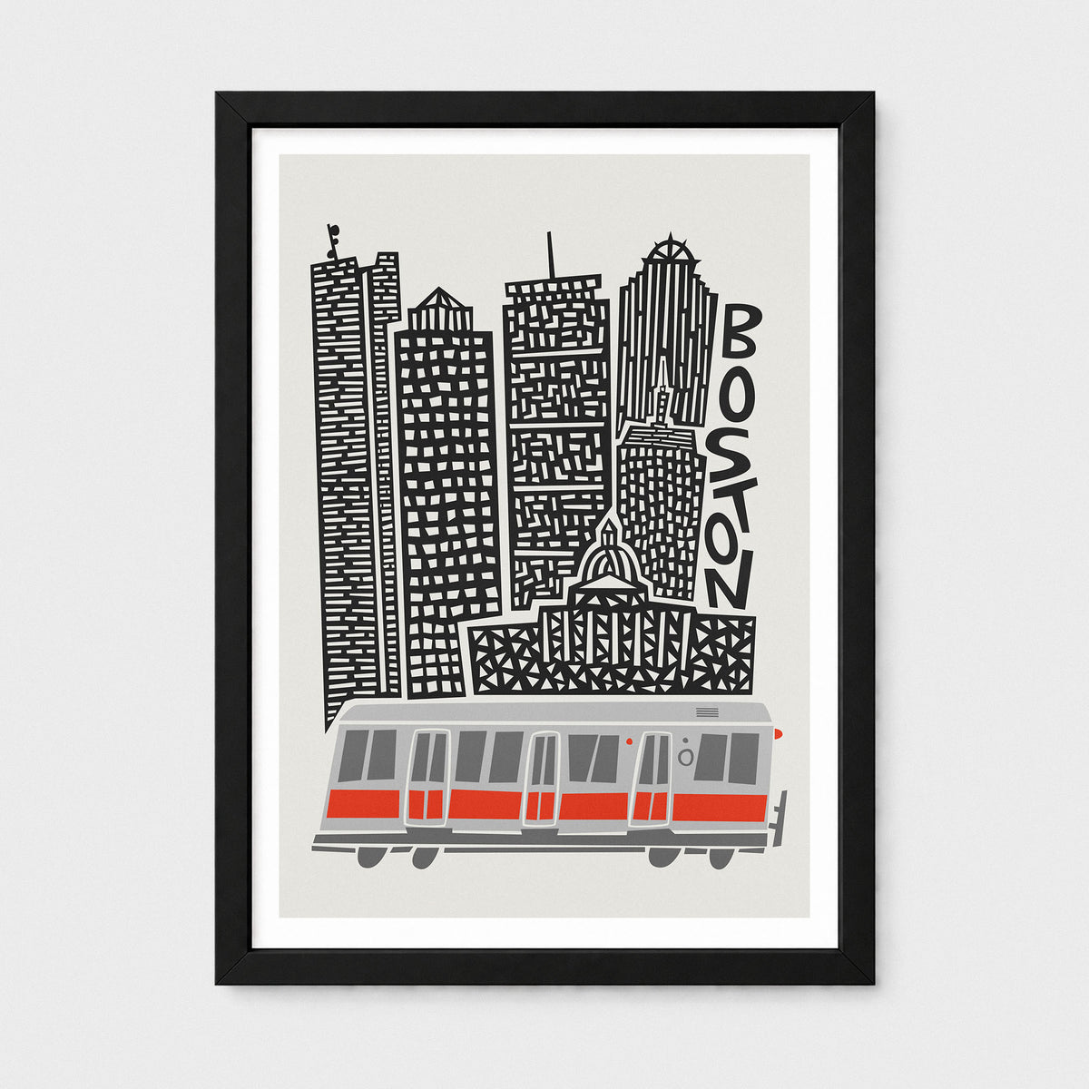 Framed art print featuring a stylized black-and-white city skyline with the word 'BOSTON' and a red-and-gray tram at the bottom, shown against a light gray background.
