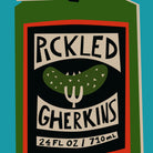 A stylized graphic label or package front for 'PICKLED GHERKINS' showing a green pickle with a fork through it, on a black background with cream and red border accents, against a turquoise backdrop.