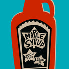 A stylized graphic of a maple syrup bottle on a bright turquoise background. The bottle is red with a black and beige label that reads 'MAPLE SYRUP', '100% PURE', and 'GRADE A'.