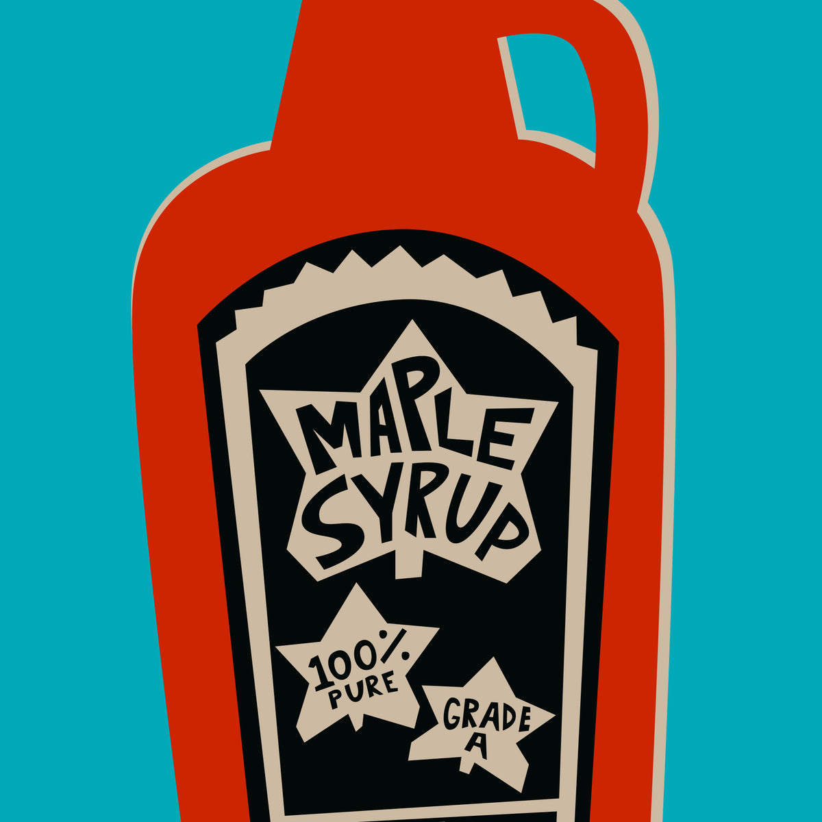 A stylized graphic of a maple syrup bottle on a bright turquoise background. The bottle is red with a black and beige label that reads 'MAPLE SYRUP', '100% PURE', and 'GRADE A'.