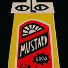 A stylized graphic illustration of a mustard bottle with a red label reading 'MUSTARD' and 'GOOD', on a black background.