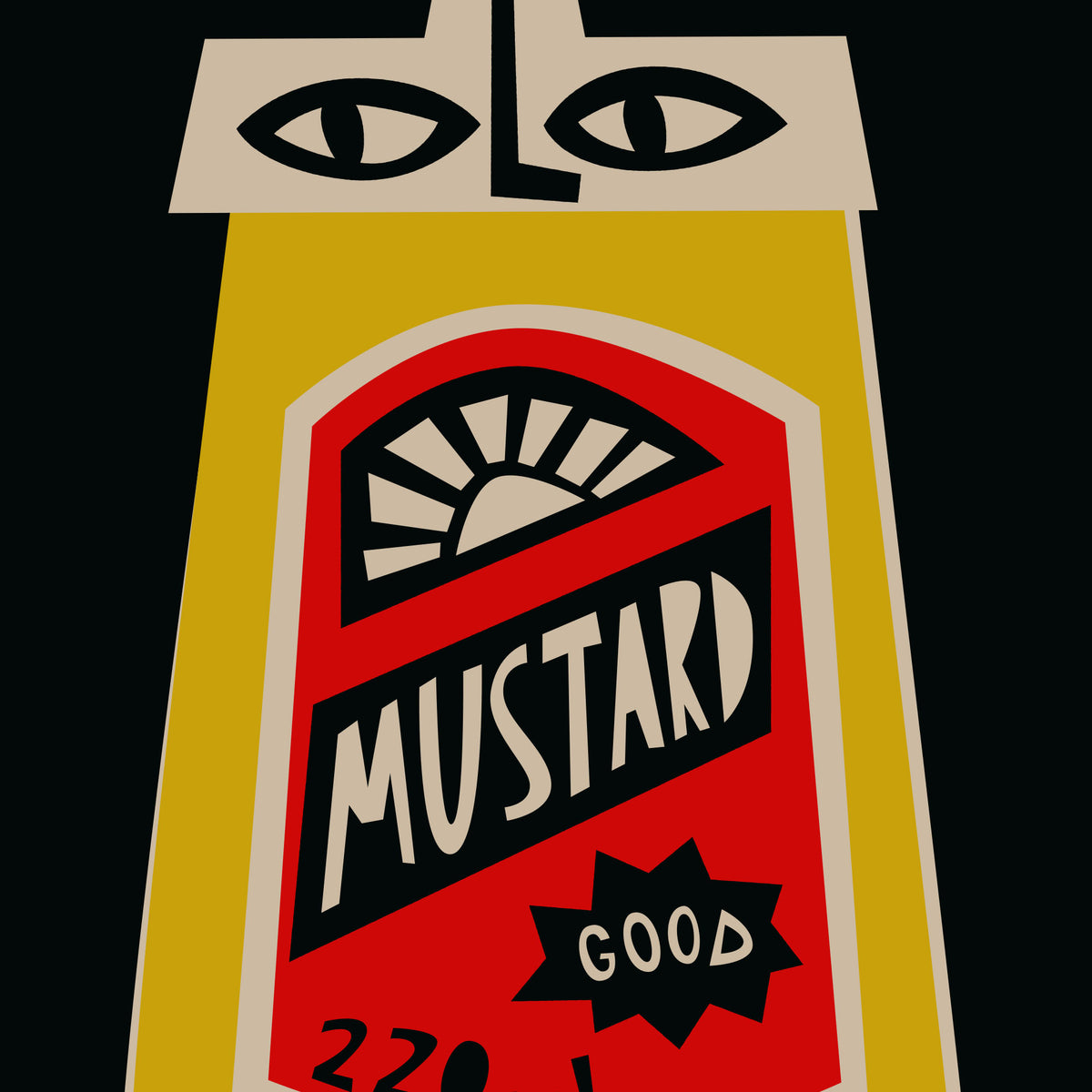 A stylized graphic illustration of a mustard bottle with a red label reading 'MUSTARD' and 'GOOD', on a black background.
