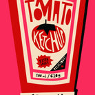 A stylized graphic of a ketchup bottle label reading 'TOMATO KETCHUP' with 'EXTRA SAUCY' and '500 mL / 610 g' on a bright pink background.