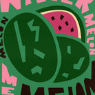 A stylized graphic design featuring a watermelon slice and dark green oval shapes on a green background, with pink text reading 'MELON' around the composition.