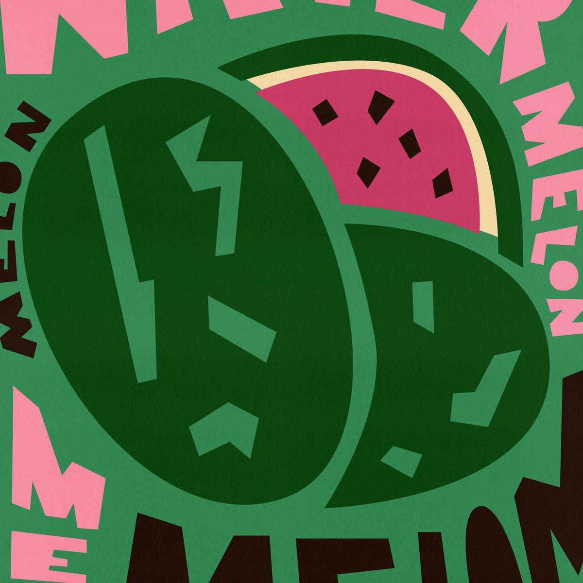 A stylized graphic design featuring a watermelon slice and dark green oval shapes on a green background, with pink text reading 'MELON' around the composition.