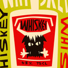 A stylized graphic print featuring a red and cream bottle label with the word 'WHISKEY' above a black cartoon monster face, surrounded by olive green and red text elements.