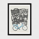 A framed art print featuring a hand-drawn black ink illustration of Cambridge landmarks and a bright blue bicycle on a light beige background, presented in a black frame with a white mat.