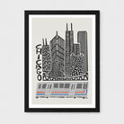 Framed Chicago cityscape art print with black buildings, gray train, and red and blue stripe details on a light gray background, shown in a black frame with white mat.
