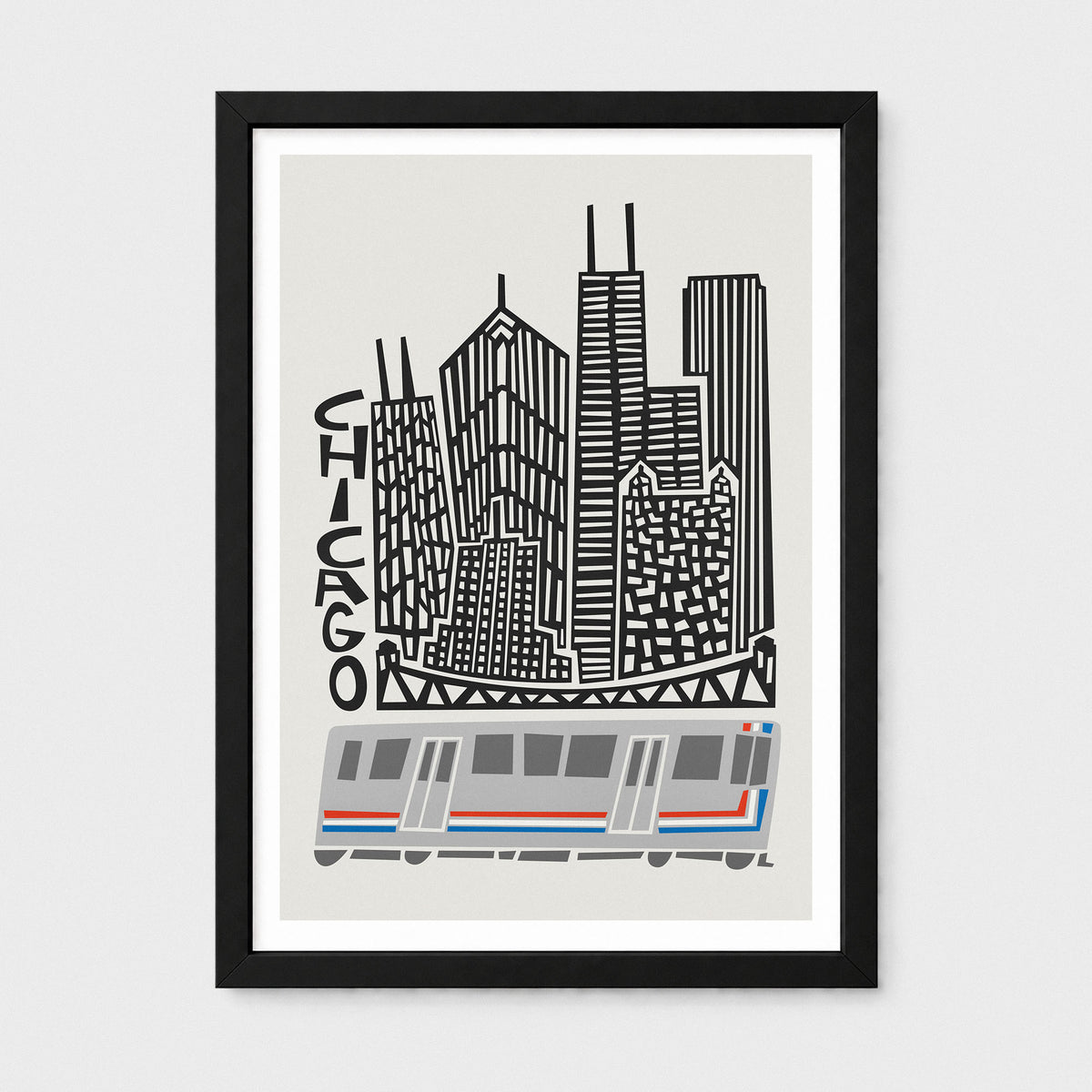 Framed Chicago cityscape art print with black buildings, gray train, and red and blue stripe details on a light gray background, shown in a black frame with white mat.