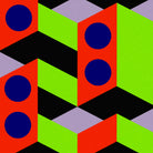 Geometric pattern with orange, green, and blue shapes on a black background