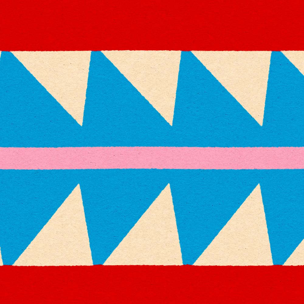Geometric pattern with blue, beige, and pink triangles on a red background