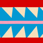 Geometric pattern with blue, beige, and pink triangles on a red background