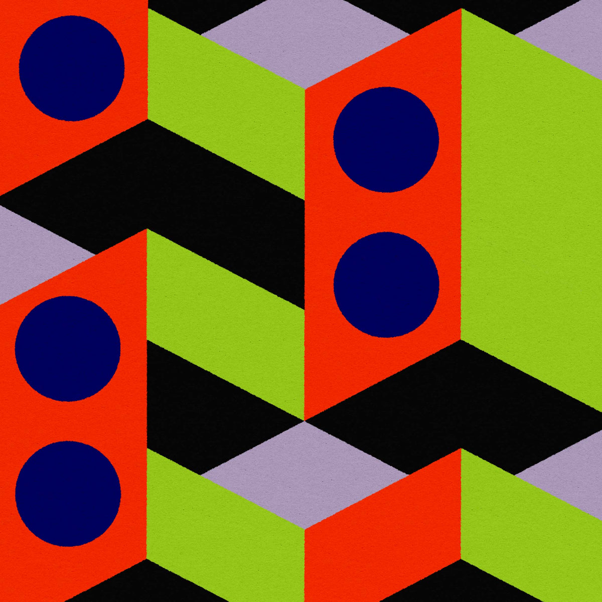 A repeating geometric pattern featuring bright lime green, red-orange, black, lavender, and dark blue circular shapes arranged in a cube-like optical design.