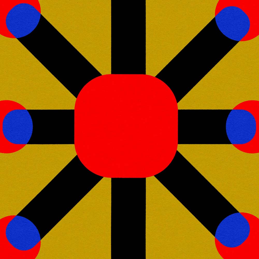 Geometric design with a red square in the center, surrounded by black lines and blue and red circles on a yellow background.