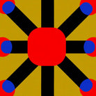Geometric design with a red square in the center, surrounded by black lines and blue and red circles on a yellow background.