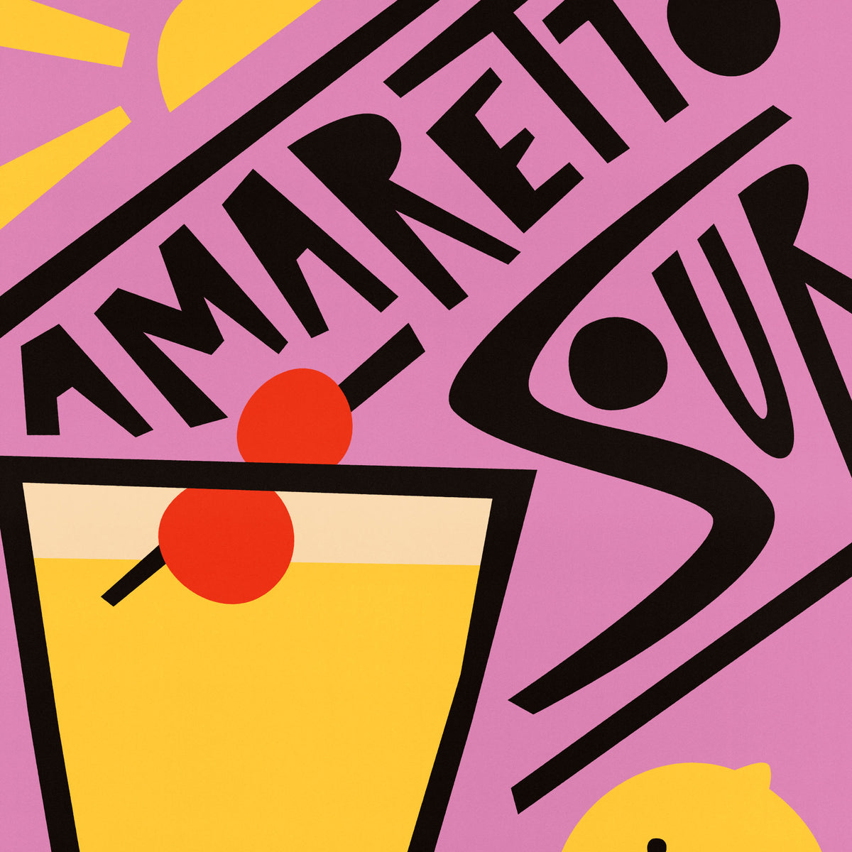 A colorful graphic design featuring a stylized yellow cocktail glass with red garnishes on a pink background, with bold black text reading 'AMARETTO' and 'SUGAR'.
