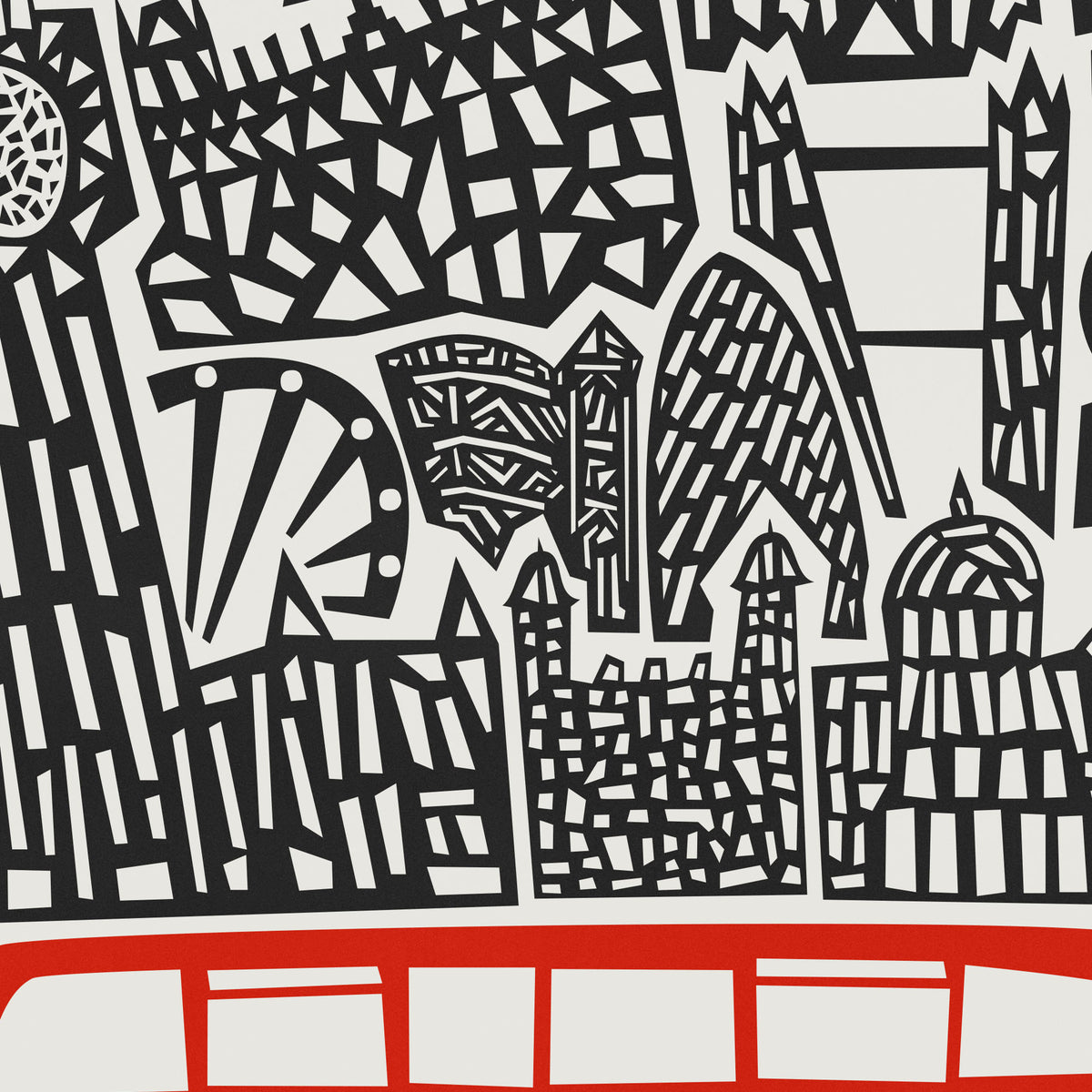 A close-up of a graphic print featuring stylized black cityscape silhouettes on a light gray background, with a bold red horizontal band across the bottom.