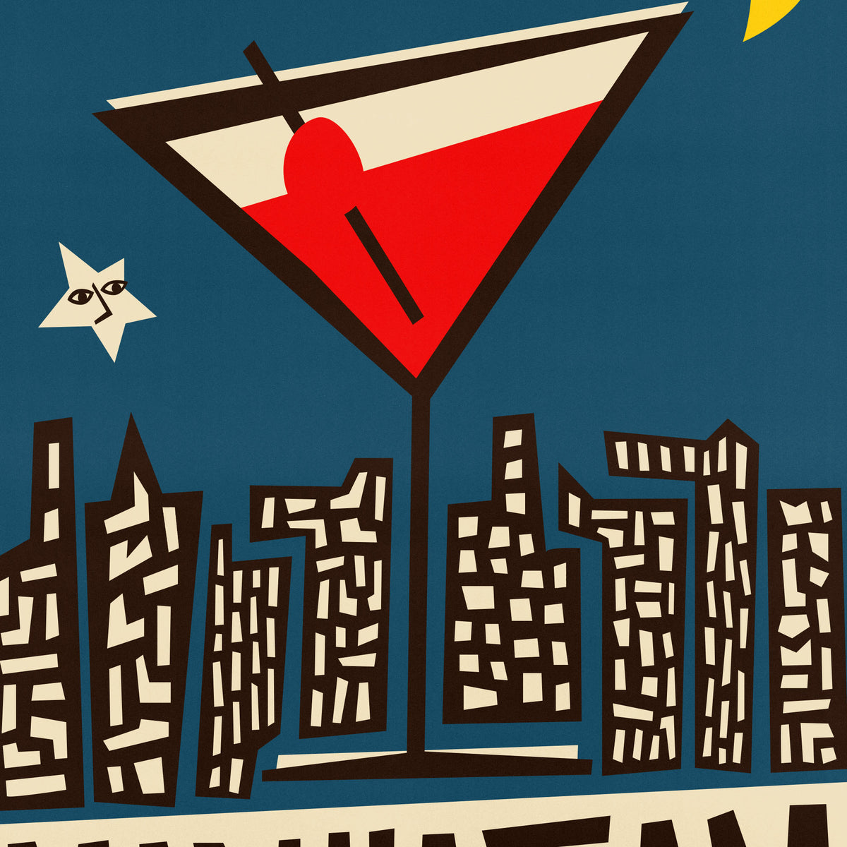 A stylized graphic illustration of a martini glass above a city skyline, with a red drink, cream and red triangle composition, dark blue background, and abstract building shapes.