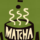 A stylized graphic of a steaming bowl labeled 'MATCHA' in cream lettering on a dark brown base, set against an olive green background.