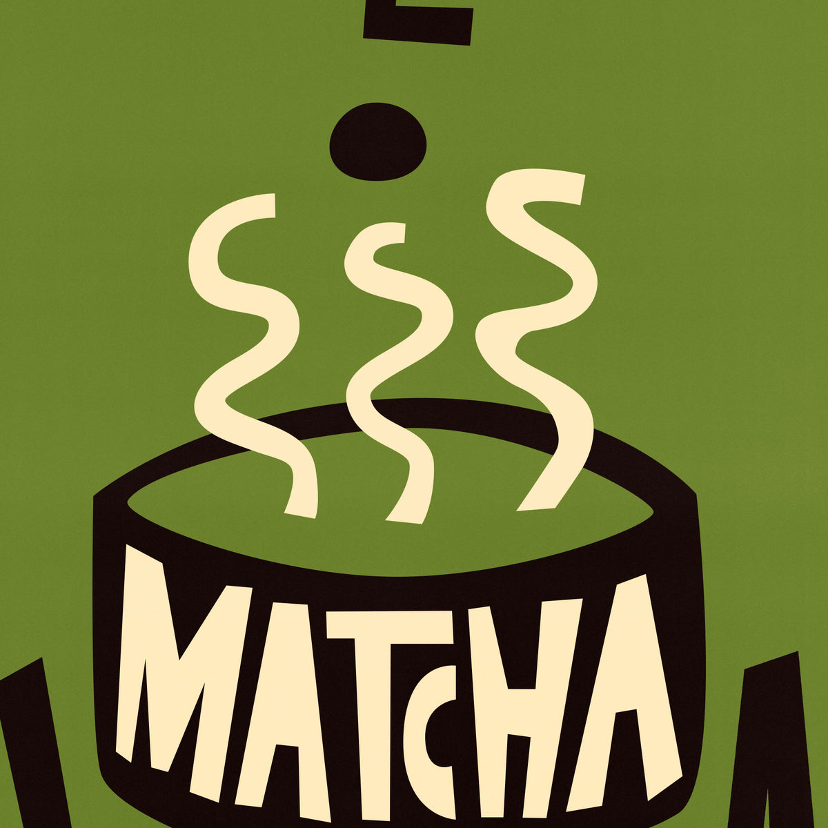 A stylized graphic of a steaming bowl labeled 'MATCHA' in cream lettering on a dark brown base, set against an olive green background.