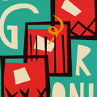 Abstract graphic artwork with overlapping red geometric shapes, teal background areas, cream letterforms, black outlines, and a small orange curved accent.