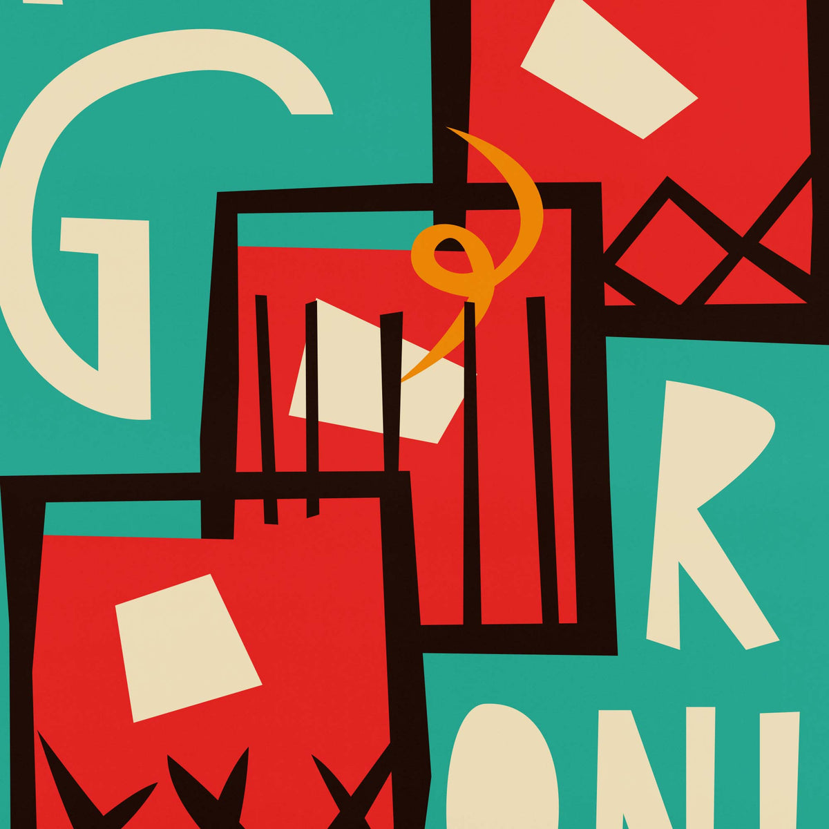 Abstract graphic artwork with overlapping red geometric shapes, teal background areas, cream letterforms, black outlines, and a small orange curved accent.