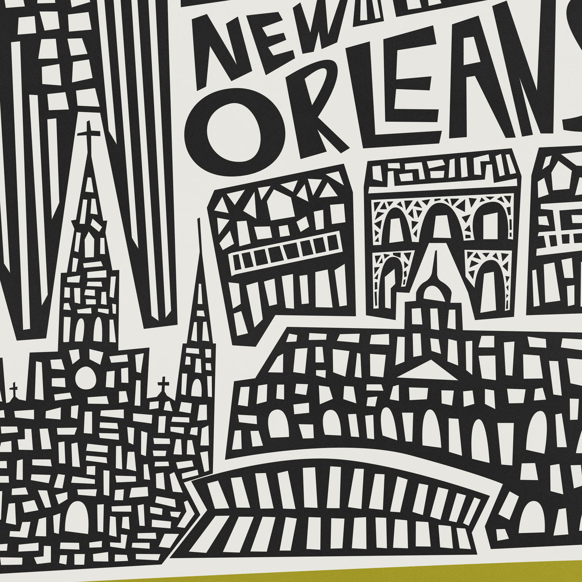 A black and white graphic art print featuring stylized illustrations of New Orleans landmarks, including the Cathedral of Saint Louis and the Arc de Triomphe, with the text 'NEW ORLEANS' at the top.