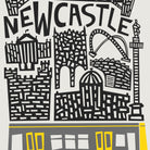 A stylized black-and-white graphic illustration of Newcastle cityscape elements, including the word "NEWCASTLE" at the top, buildings, and a yellow-and-gray bus along the bottom, on a light gray background.