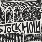 Black and white graphic illustration featuring stylized city buildings and the word 'STOCKHOLM' in bold lettering.