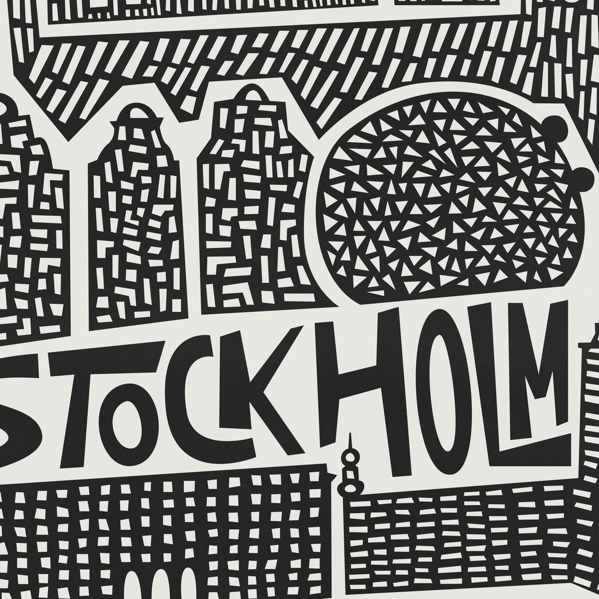 Black and white graphic illustration featuring stylized city buildings and the word 'STOCKHOLM' in bold lettering.