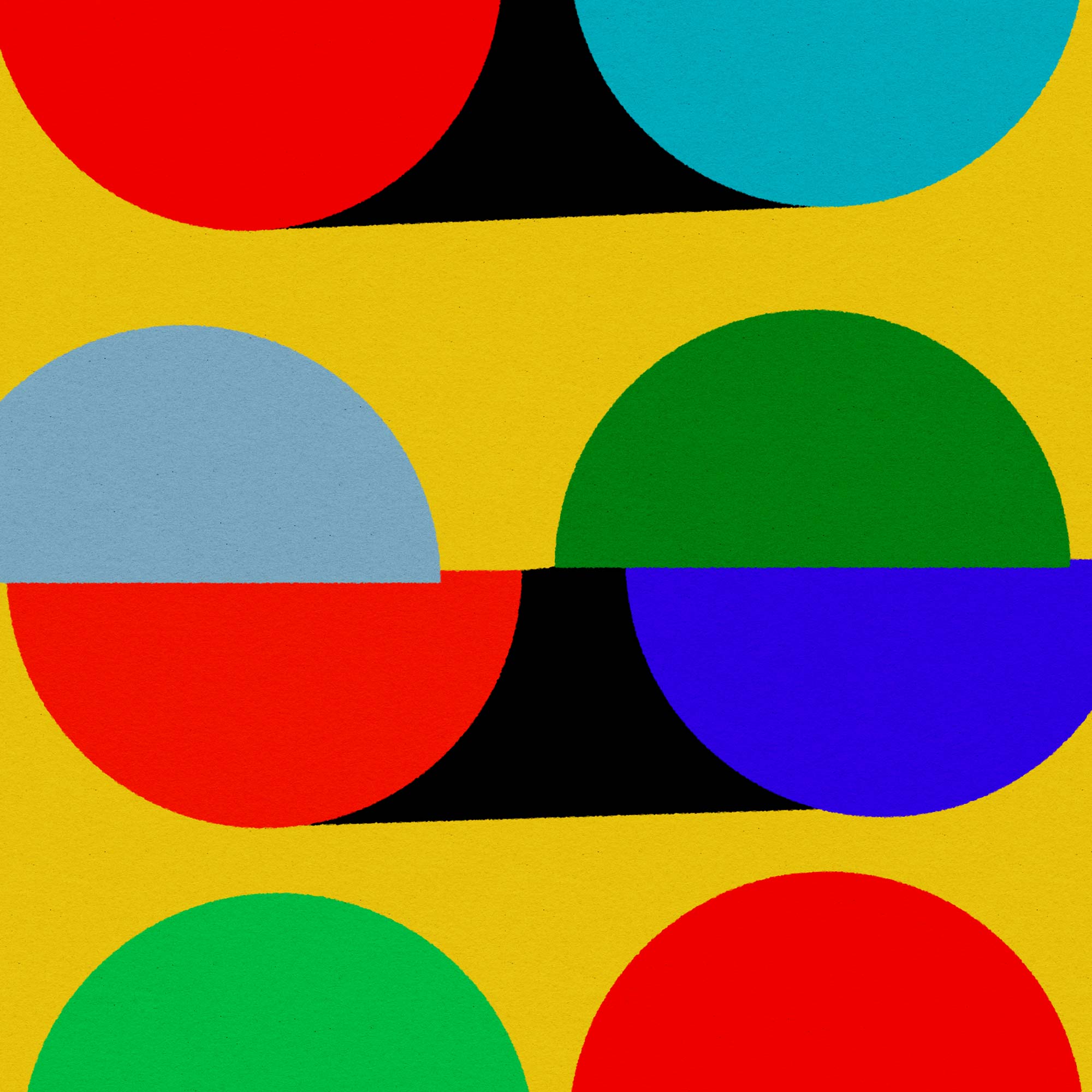 A flat graphic pattern featuring bold geometric shapes, including large red, blue, green, and light blue semicircles and black curved bands on a bright yellow background.