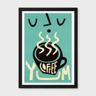 A framed art print featuring a retro-style illustration of a black coffee cup with steam rising, set against a teal background with the word 'COFFEE' in cream and a black frame.