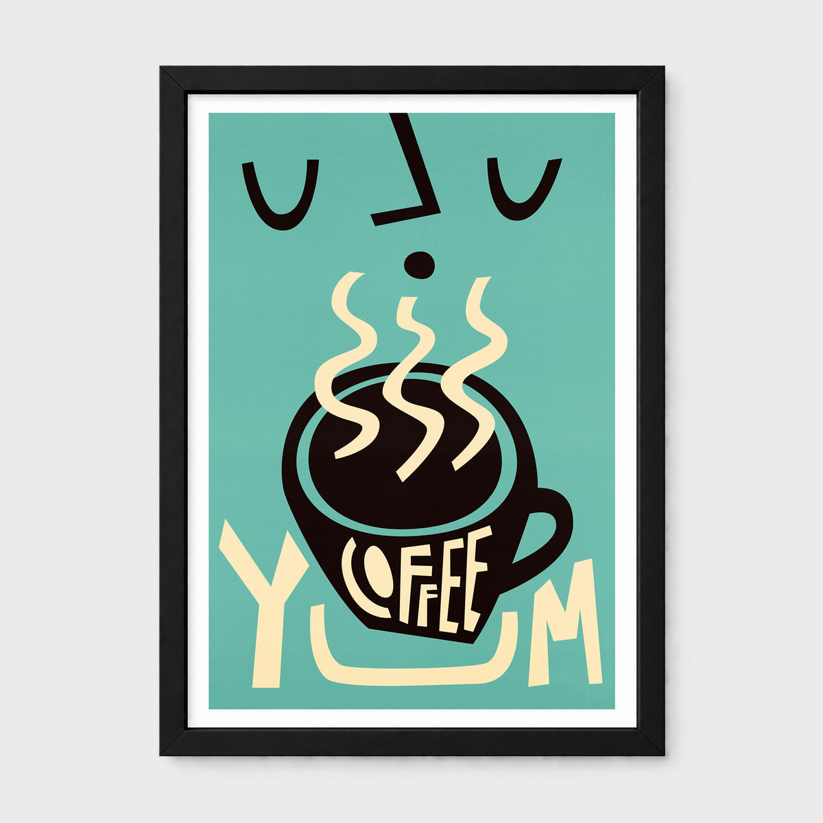 A framed art print featuring a retro-style illustration of a black coffee cup with steam rising, set against a teal background with the word 'COFFEE' in cream and a black frame.