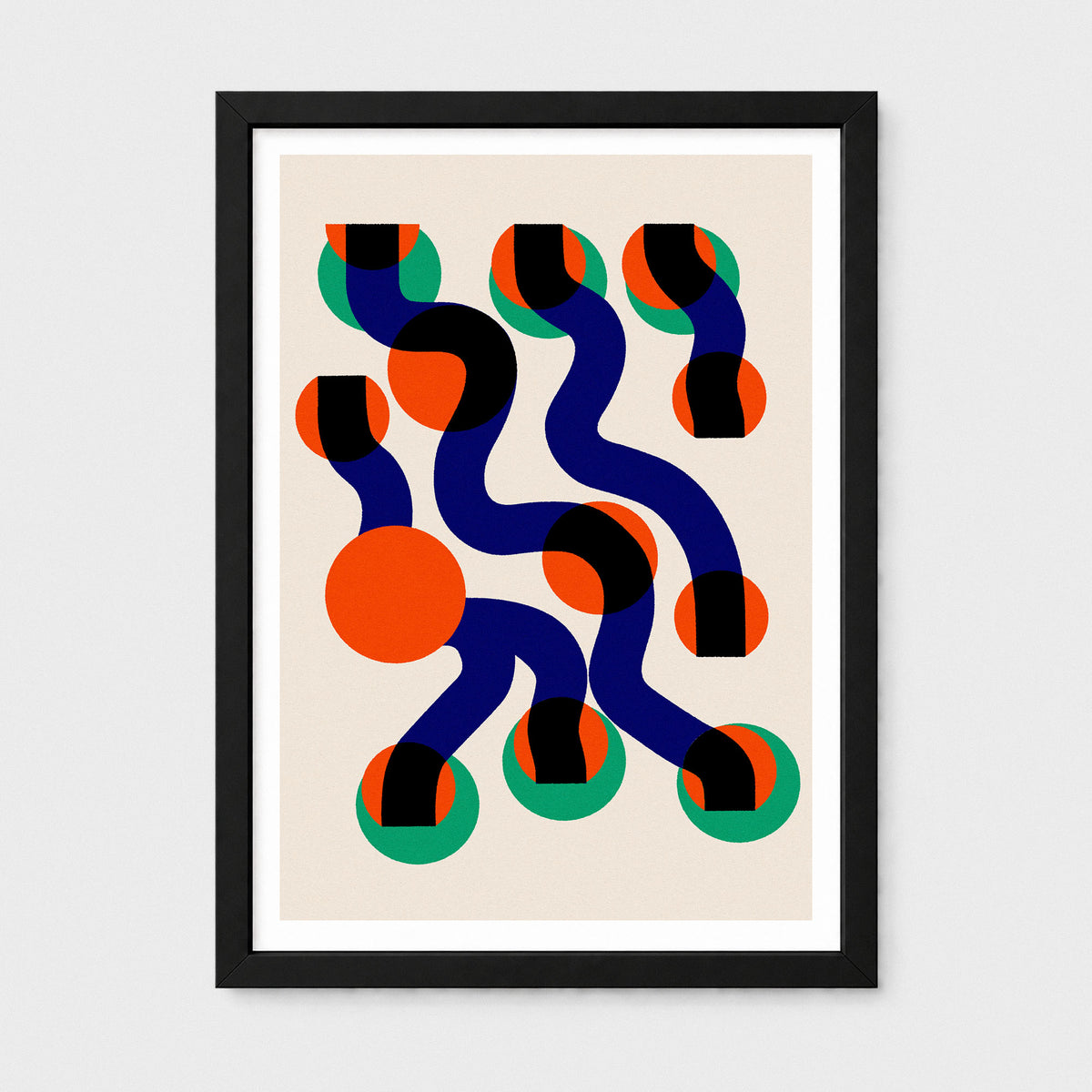 Framed abstract art print featuring organic wavy lines and circular shapes in navy blue, orange, black, and green on a warm cream background, presented in a black frame with a white mat against a light gray wall.
