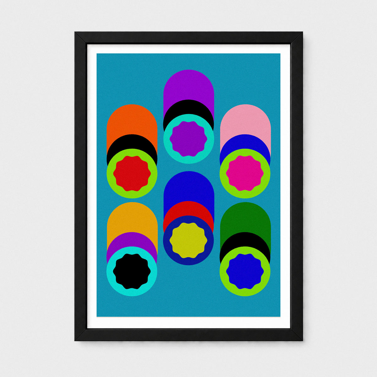 colourful Circle & Cylinder Abstract Wall Art with a blue background and black frame
