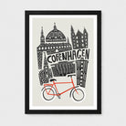 Framed art print featuring a black-and-white illustrated skyline of Copenhagen with the word 'COPENHAGEN' and a bright red bicycle at the bottom, shown against a light gray background.