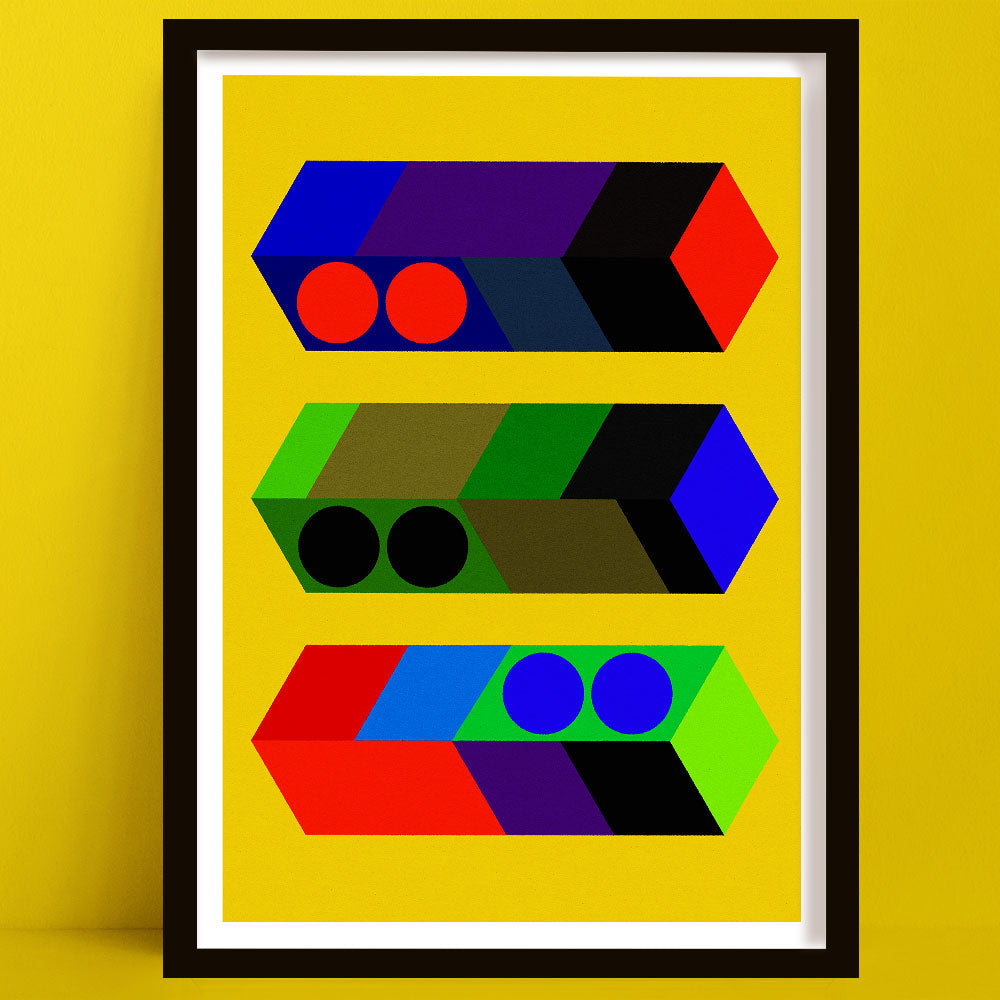 Geometric abstract art print with colorful shapes on a yellow background