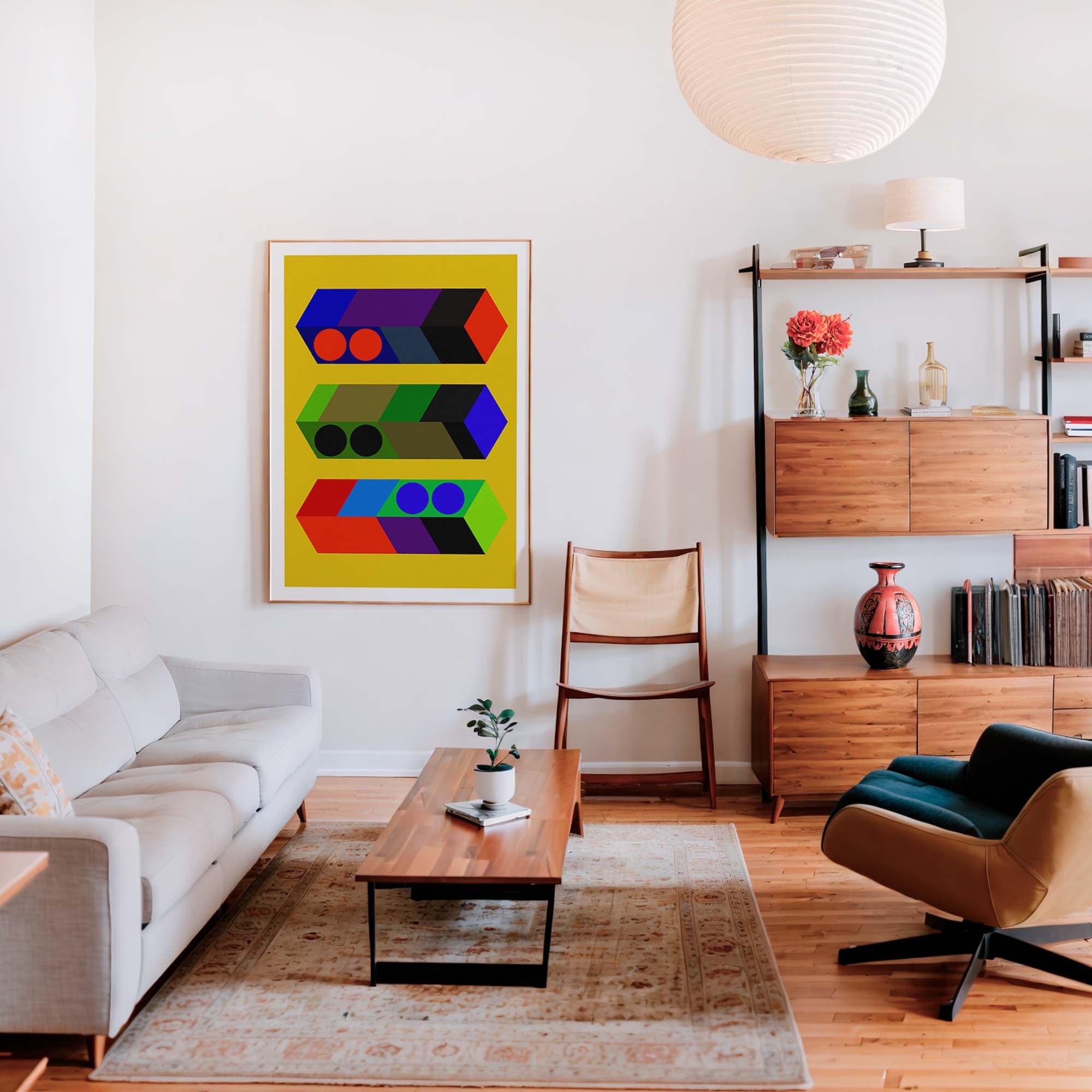 Modern living room with a colorful abstract painting on the wall, a white sofa, wooden coffee table, and a bookshelf.