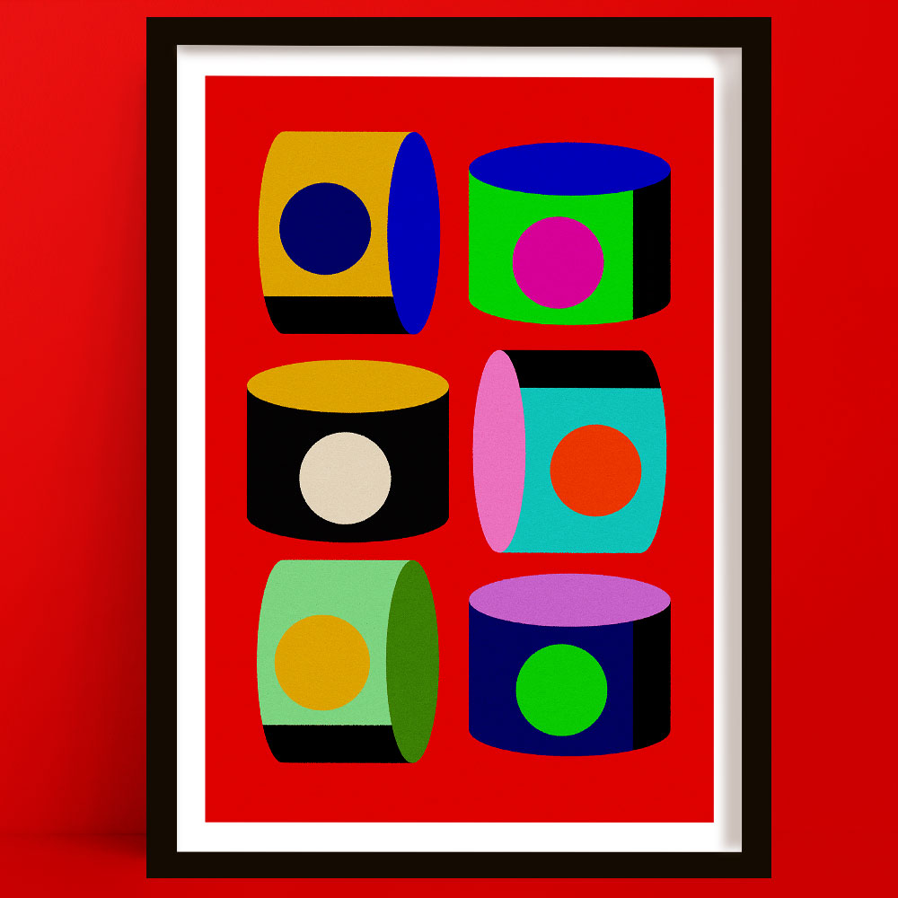 Colorful abstract geometric design in a black frame on a red background