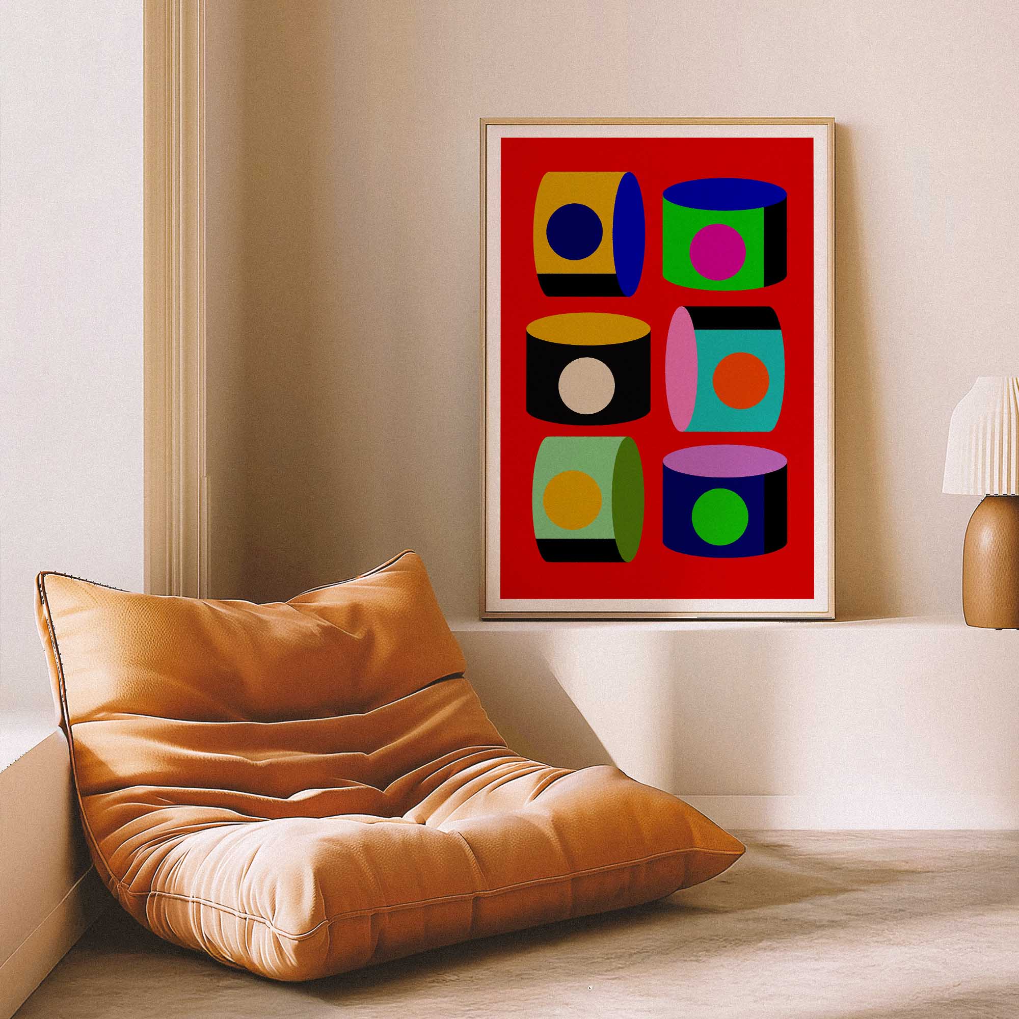 Modern interior with a brown leather chair and colorful abstract art on the wall.