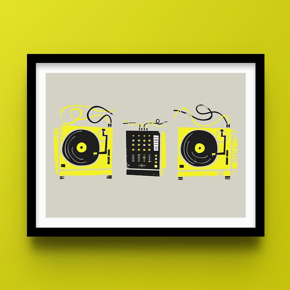 DJ decks and mixer in black frame yellow background