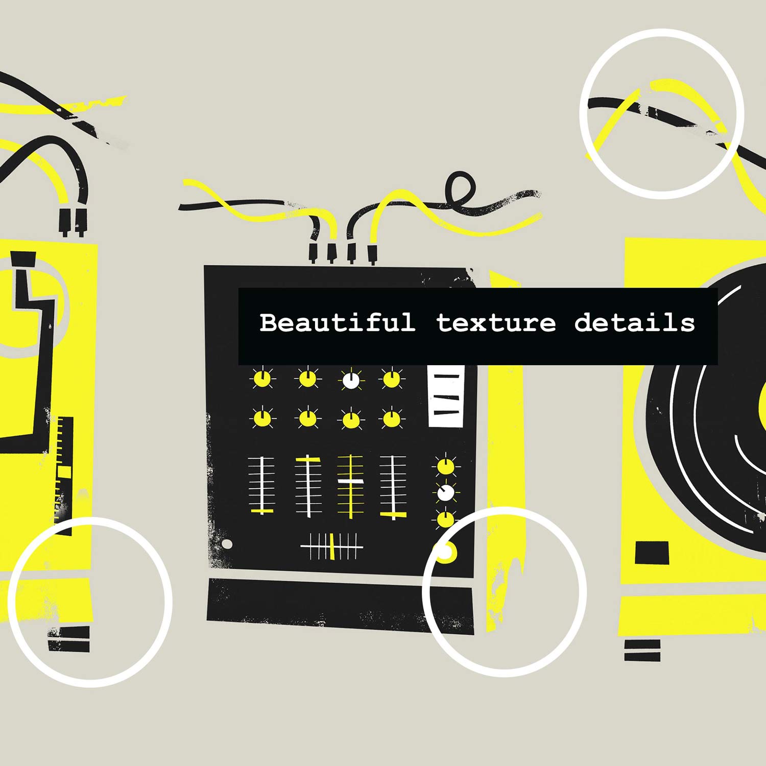 Close-up of yellow DJ turntable and mixer illustration with bold black and grey details