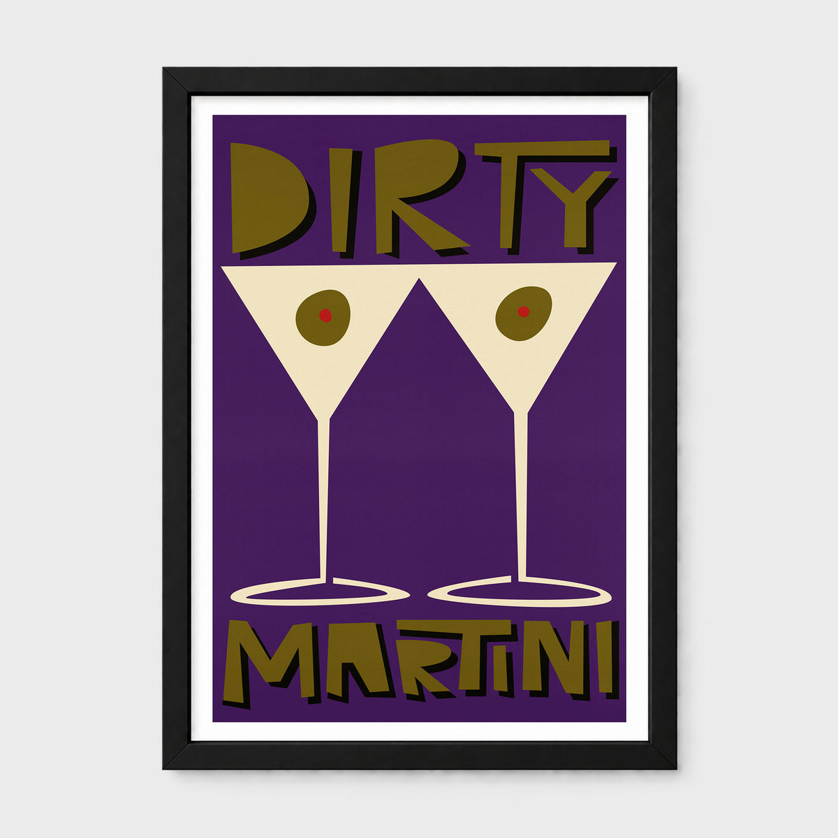 A framed art print featuring a retro-style design with two martini glasses on a purple background, with the words 'DIRTY MARTINI' in olive-green and cream lettering, enclosed in a black frame.