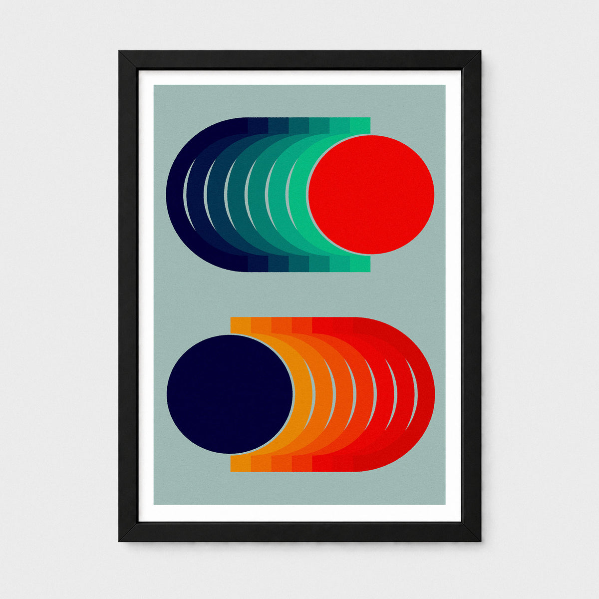Disco Sunset is a vibrant abstract art print inspired by warm island evenings, with repeating circles and blue, purple, orange and yellow tones. Its playful rhythm brings movement and colour to living rooms, bedrooms, hallways, home offices and gallery walls.