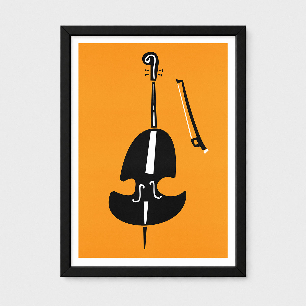 Framed minimalist art print featuring a black cello and bow silhouette on a bright orange background, displayed against a light gray wall.